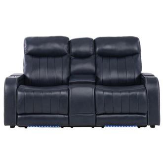 Neptune Blue Leather Power Reclining Sofa w/Console
