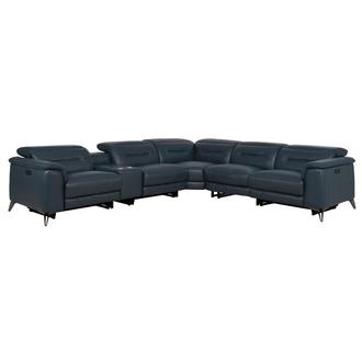 Anabel 2.0 Blue Leather Power Reclining Sectional with 6PCS/3PWR