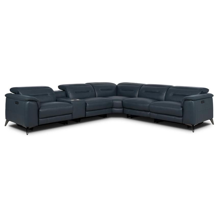 Anabel 2.0 Blue Leather Power Reclining Sectional with 6PCS/3PWR main image, 1 of 13 images.