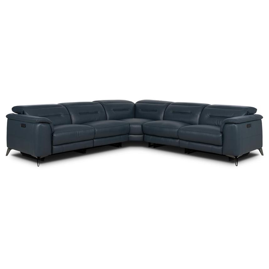 Anabel 2.0 Blue Leather Power Reclining Sectional with 5PCS/3PWR main image, 1 of 9 images.