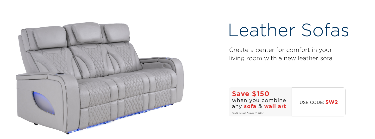Leather sofas. Create a center for comfort in your living room with a new leather sofa. Save $150 when you combine any sofa & wall art. Valid through August 4th, 2025. † Use Code: SW1.